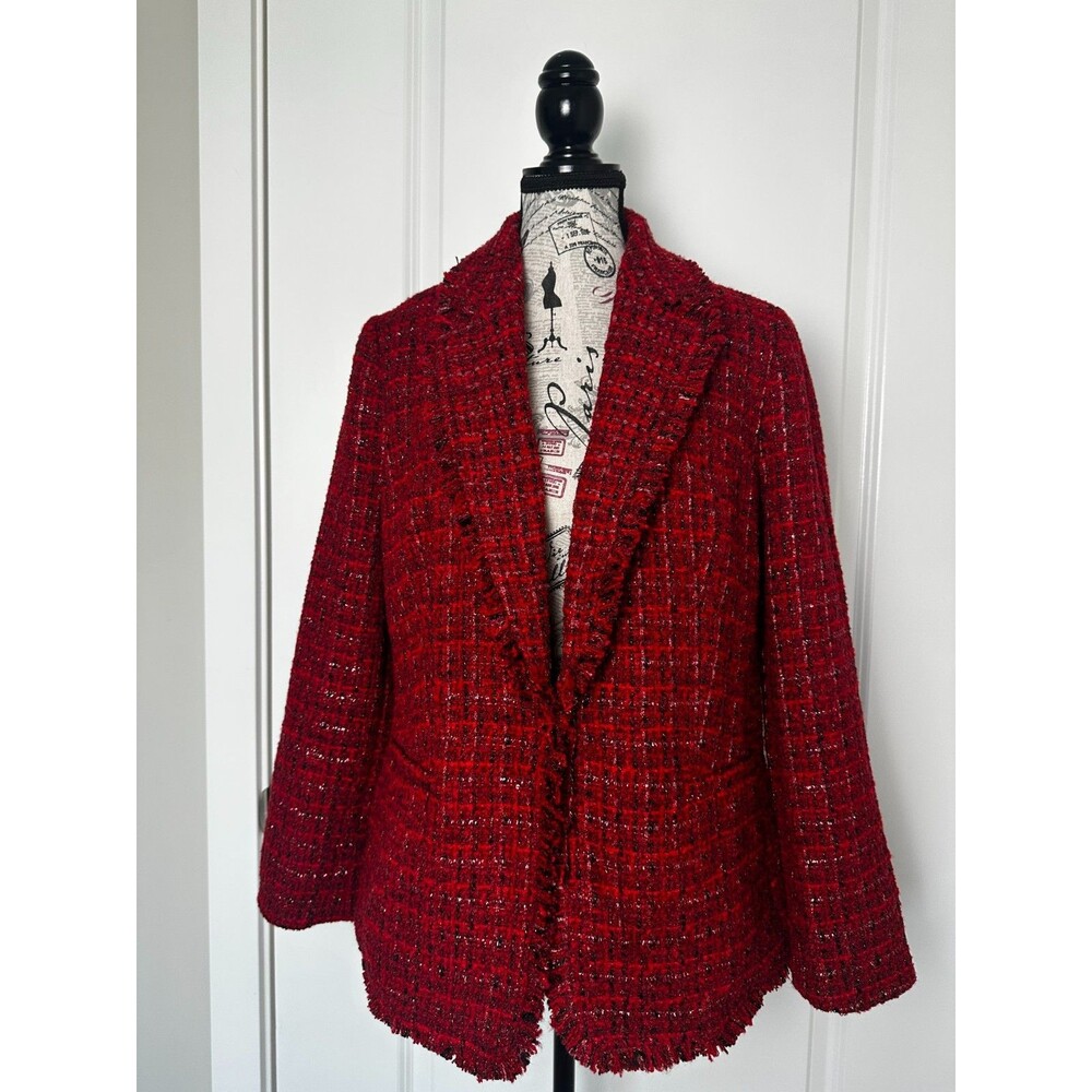 Chico's Red Tweed Blazer Jacket Fringe Metallic Open Front Women's US 1 (8) - Picture 3 of 8